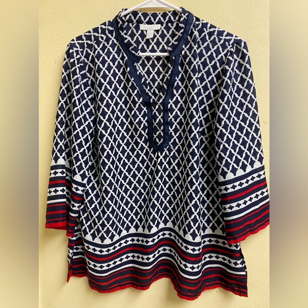 CHARTER CLUB 3/4 Sleeve Navy Blue & White Pattern size P/L